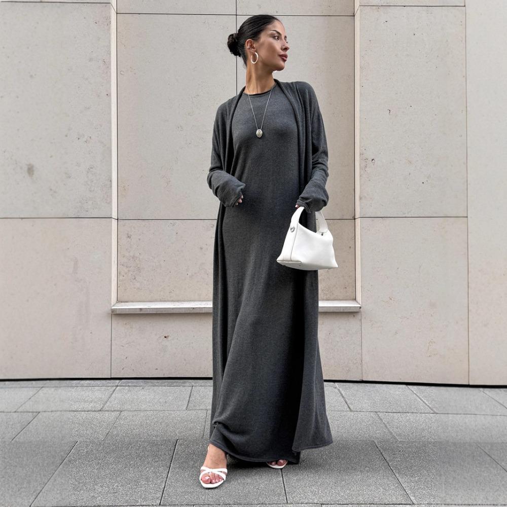 Women's Relaxed Two Piece Knit Set Long Sleeve Maxi Cardigan V Neck Sleeveless Midi Dress Outfit