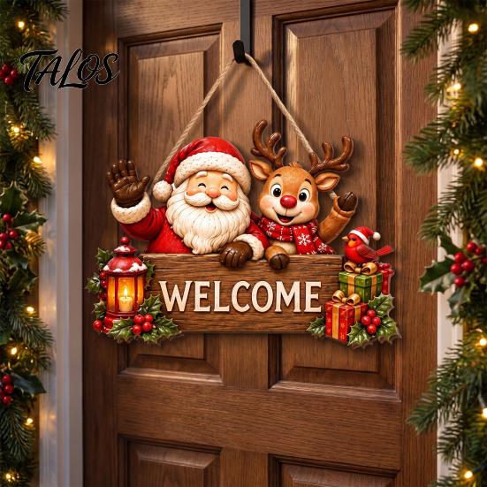 Holiday Hanging Signs Wooden Christmas Door Wreath for Front Door, Vintage Merry Welcome Sign, Rustic Farmhouse Decor 2D Flat Hanger Indoor