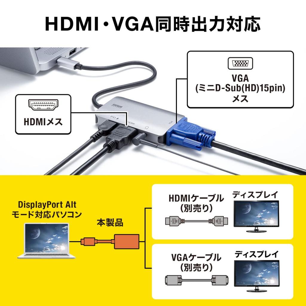 Sanwa Supply AD-ALCHV02 USB Type C to HDMI/VGA Adapter (4K/30Hz/PD Compatible) Gray