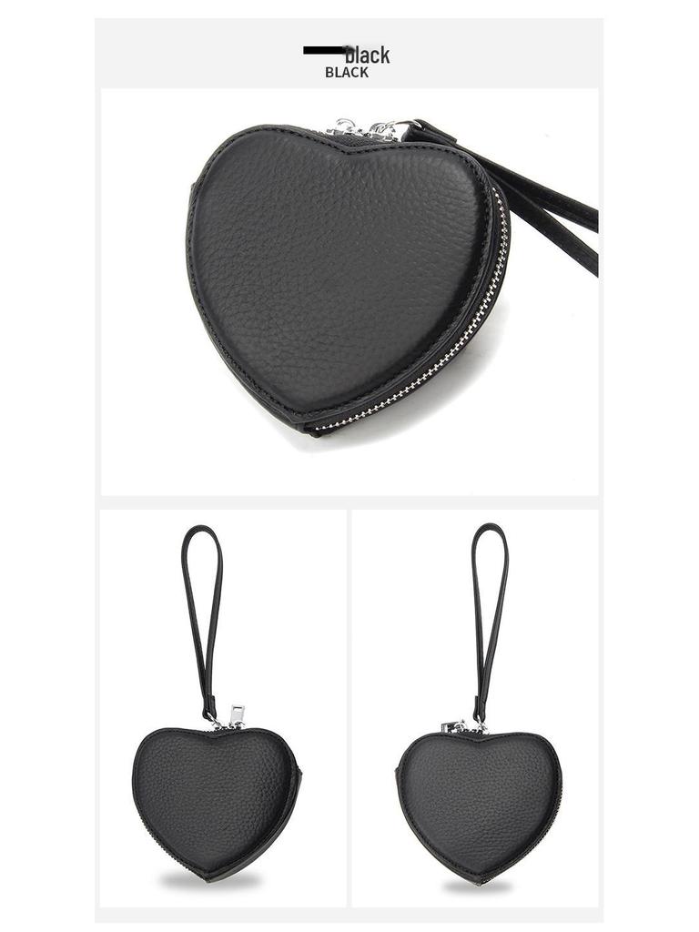 Genuine Leather Heart-Shaped Coin Purse for Women - Cute Korean Style Handheld Wallet for Coins, Lipstick, & Earphones.