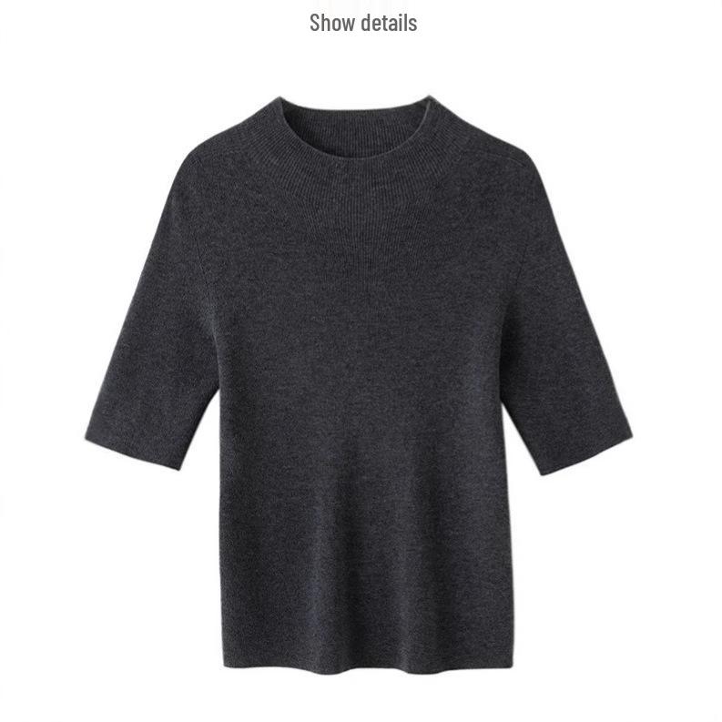 Ancola Women's Red Slim-Fit Wool Cardigan, Half-High Neck, Short Sleeves - 2025 Spring/Summer Thin Style Knitted Base Layer.