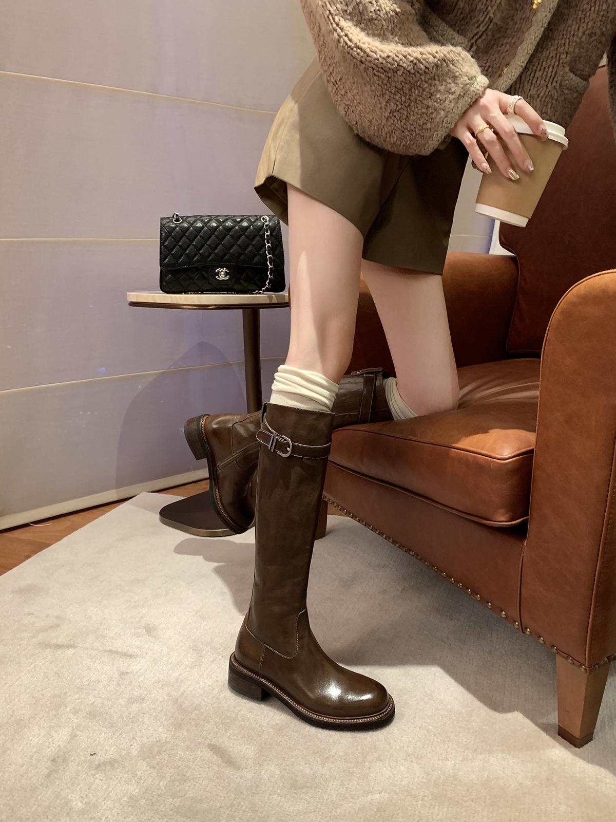 

Cowhide version~ Genuine leather thick-soled but knee boots women s 2025 new thin brown boots tall knight boots 40