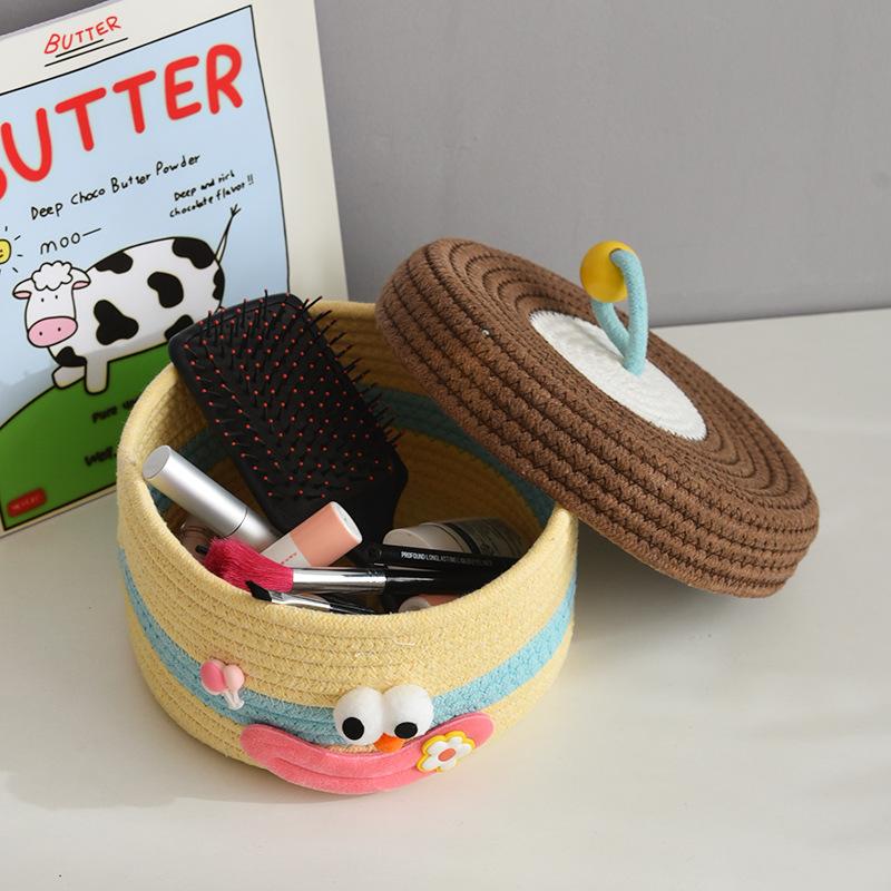 Cartoon Smile Cotton Rope Woven Storage Basket with Lids Desktop Organizers for Sundries Snack Needles Kids Toys Container