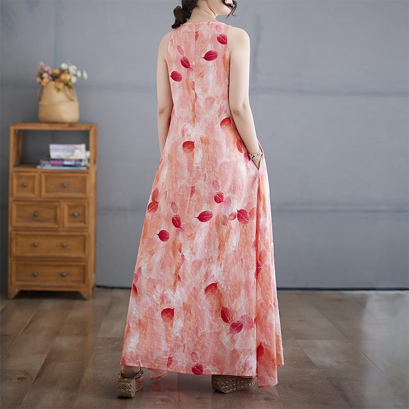 Dimanaf 2025 Women Linen Summer Flower Print Dress Casual Ladies Basic Long Dress 8088