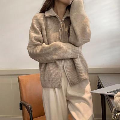 Cardigan Sweater Female Knit Jacket Spring and Autumn Westernized White Double Zipper  Women Versatile Sweater