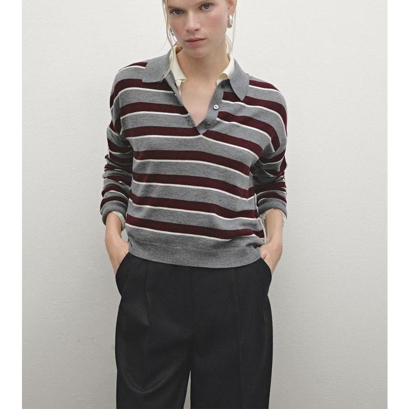 MD Fall and Winter New Women's Clothing American Preppy Style Casual Stripes Polo Shirt Collar Long Sleeves Knitwear 5663588