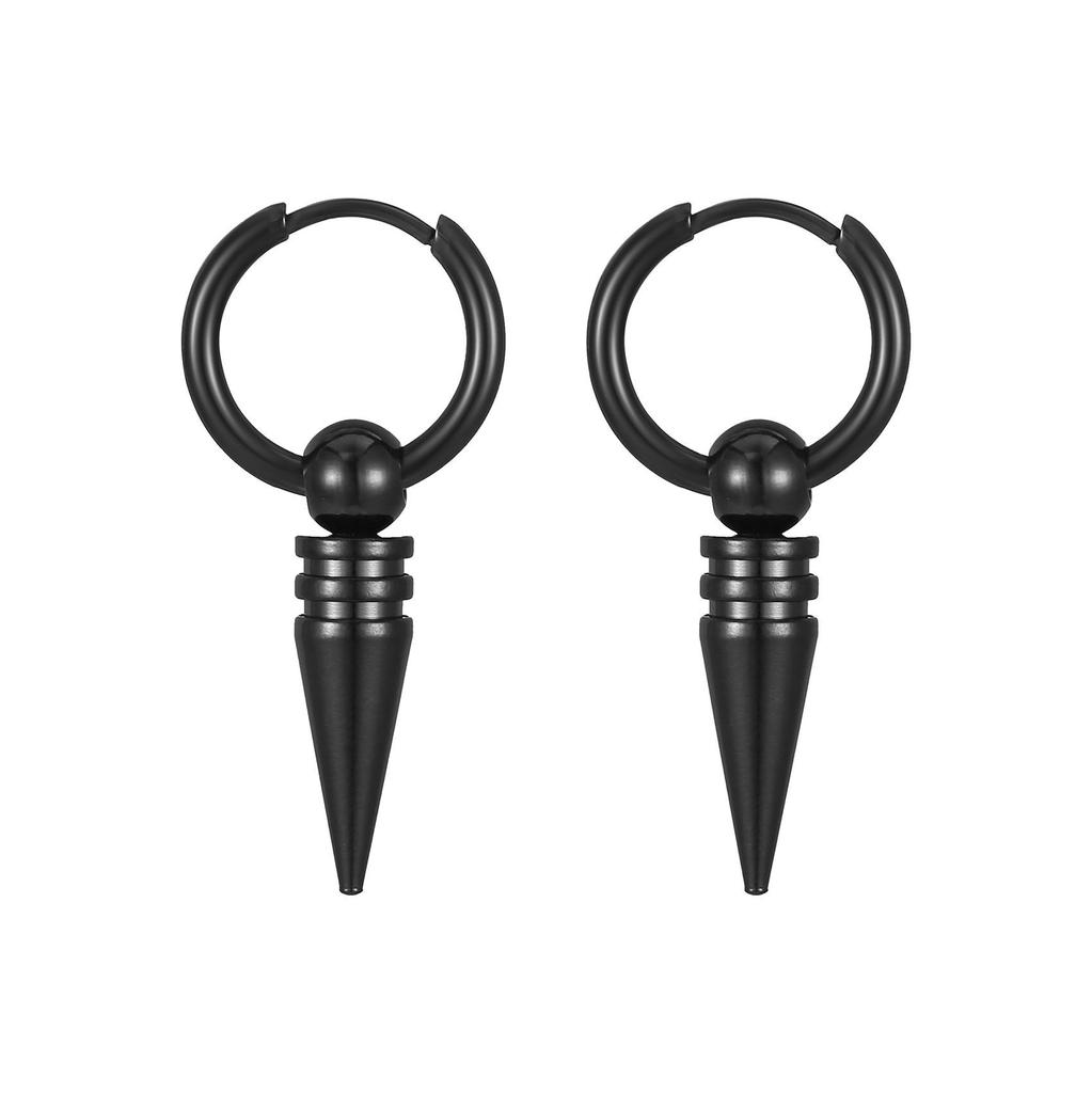 Korean Stainless Steel Round Pendant Ear Buckle Simple Unisex Black Titanium Steel Punk Pointed Cone Earrings