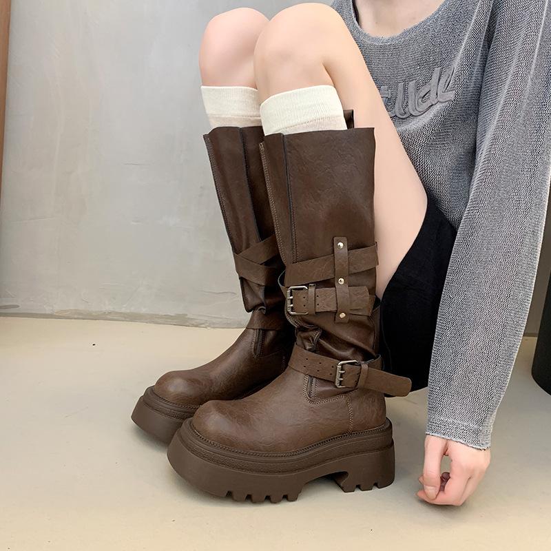 Maillard Small Belt Buckle Boots Women's 2025 Autumn and Winter New Thin Western Boots Straight Long Knight Boots