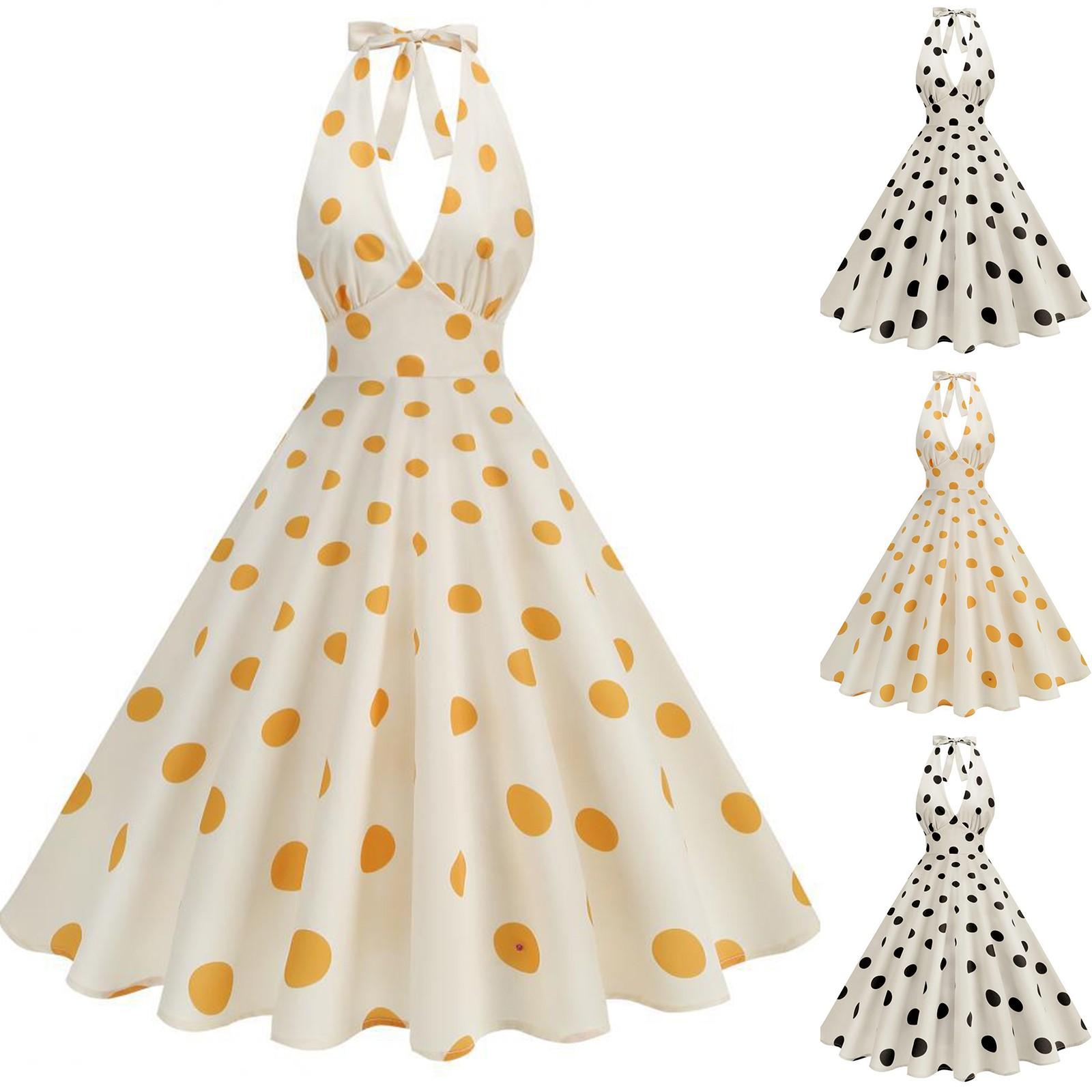 

Women s Retro V Neck Polka Dot Temperament Dress XL жовтий
