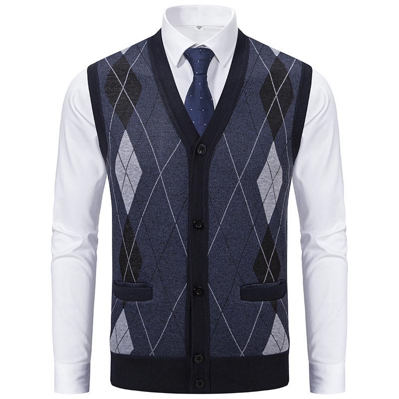 Men's Plaid Knit Cardigan with Velvet Stripes - Loose Casual Poncho Vest for Autumn and Winter