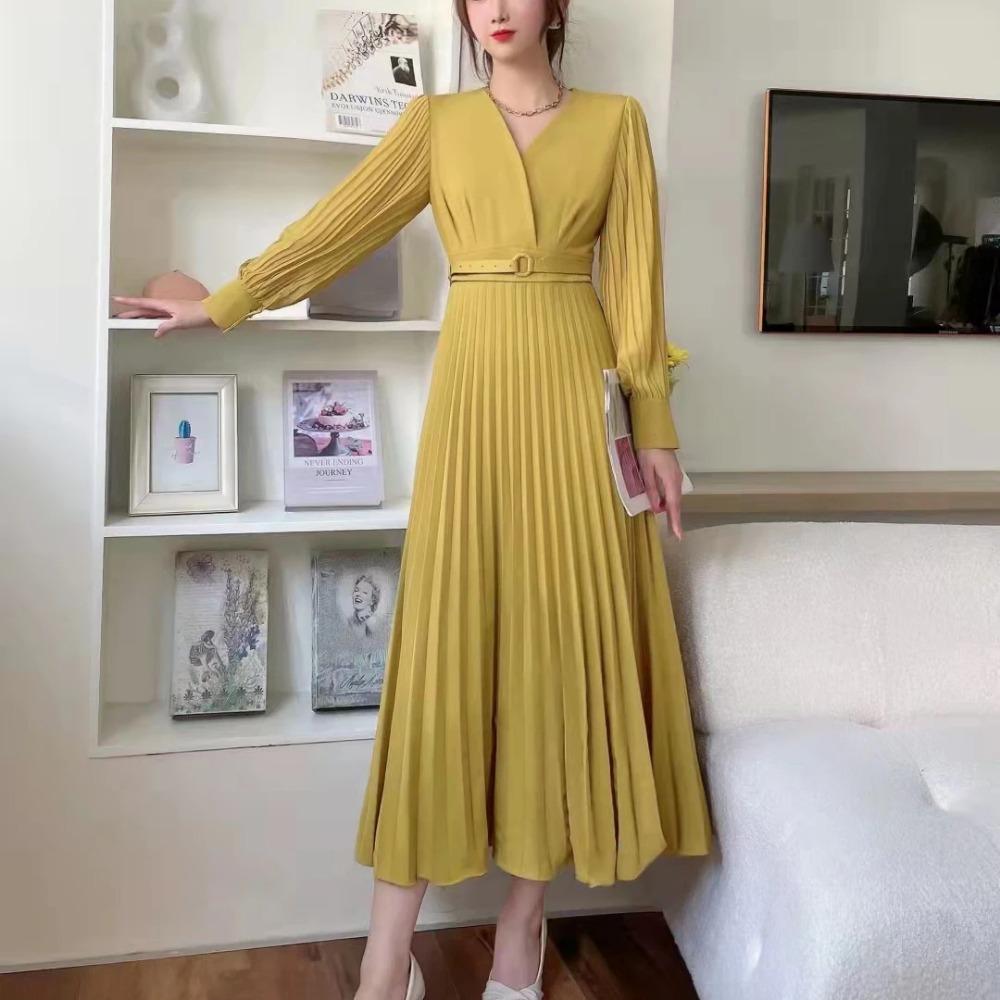 Women Slim Pleated Maxi Dress with Belt Female Streetwear Vintage Dress Tie Front Dress  Robe