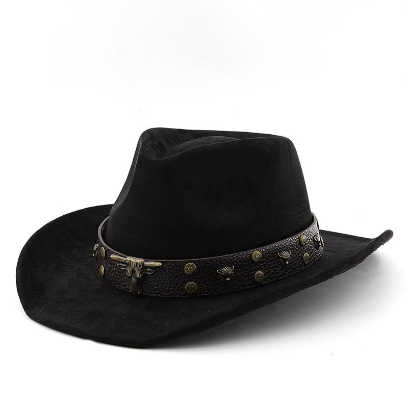 European and American fashion cow head belt suede top hat men's jazz hat autumn and winter versatile felt hat upturned cowboy hat
