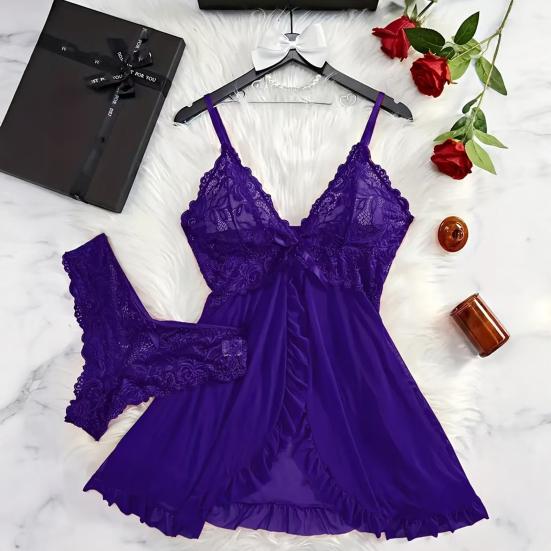 Sexy průhledná síťovaná body šaty s otevřeným předním dílem a kalhotkami Krajková košilka Bez rukávů Průhledná Mini noční košile