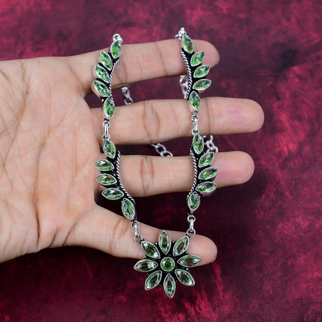 Green Amethyst Handmade Gemstone Necklace, 925 Solid Sterling Silver Necklace Antique Jewelry, For Engagement Gift