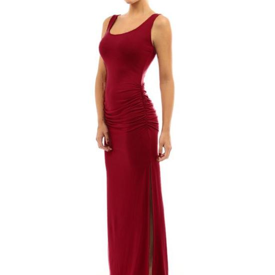 ¿Vestido largo de verano sin mangas con escote redondo y abertura lateral de color liso para mujer?Vestido Largo Fruncido