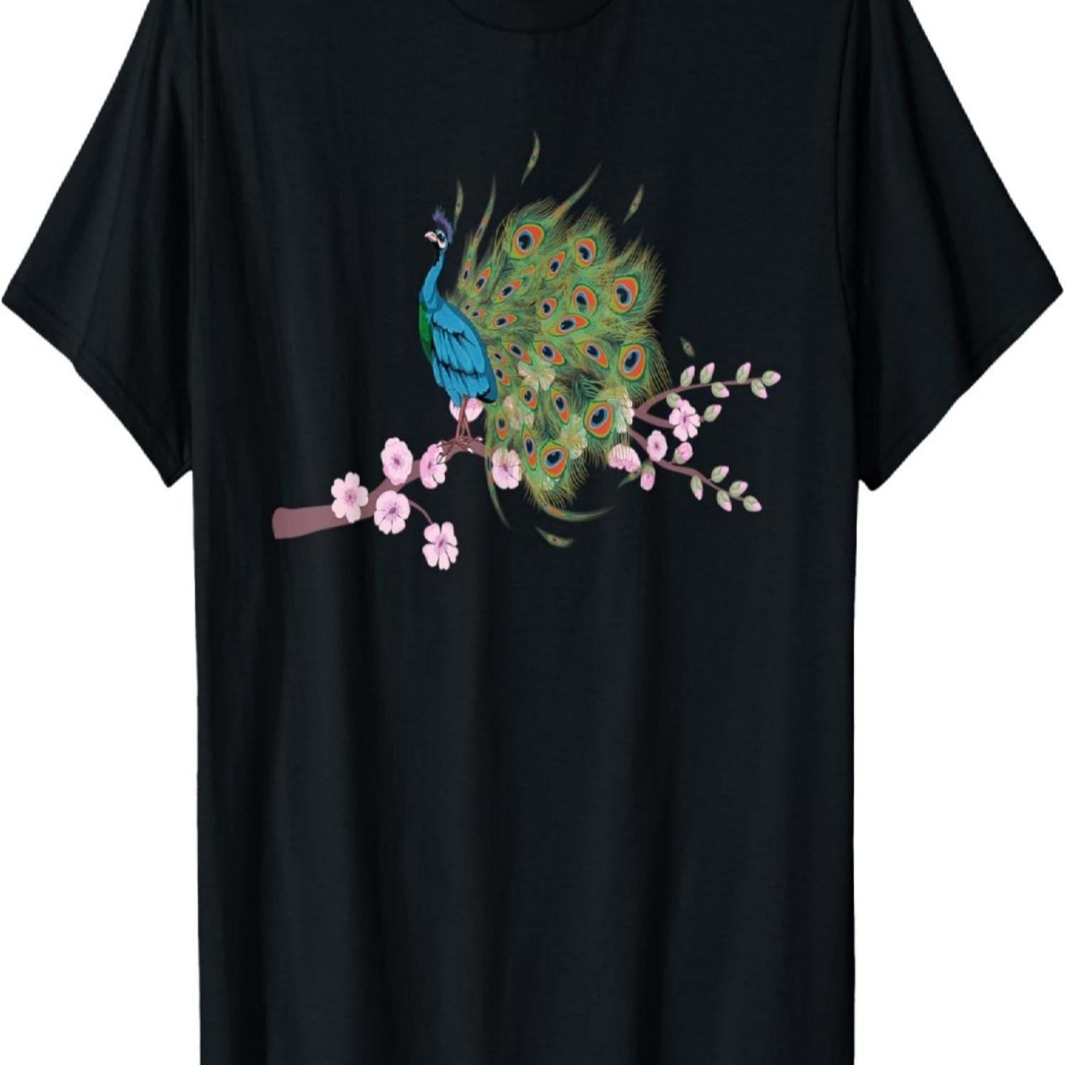 Floral Zoo Animal Ornamental Bird Cherry Blossom Peacock T-Shirt S