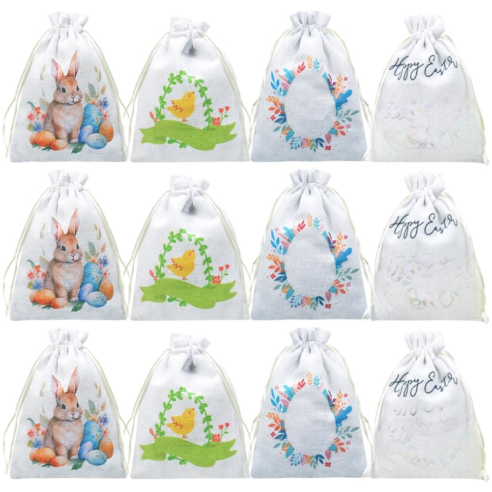 Bunny Egg Pouch Easter Cotton Bag White Drawstring Closure Soft Cotton Fabric Multi-purpose Use For Easter Treats