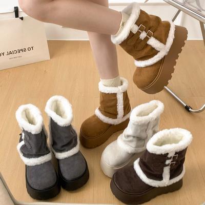 Winter Chunky Women Fur Lining Snow Boots Concise Thick Sole Height Increase Shoes Warm Cotton Short Booties Zapatos Mujer