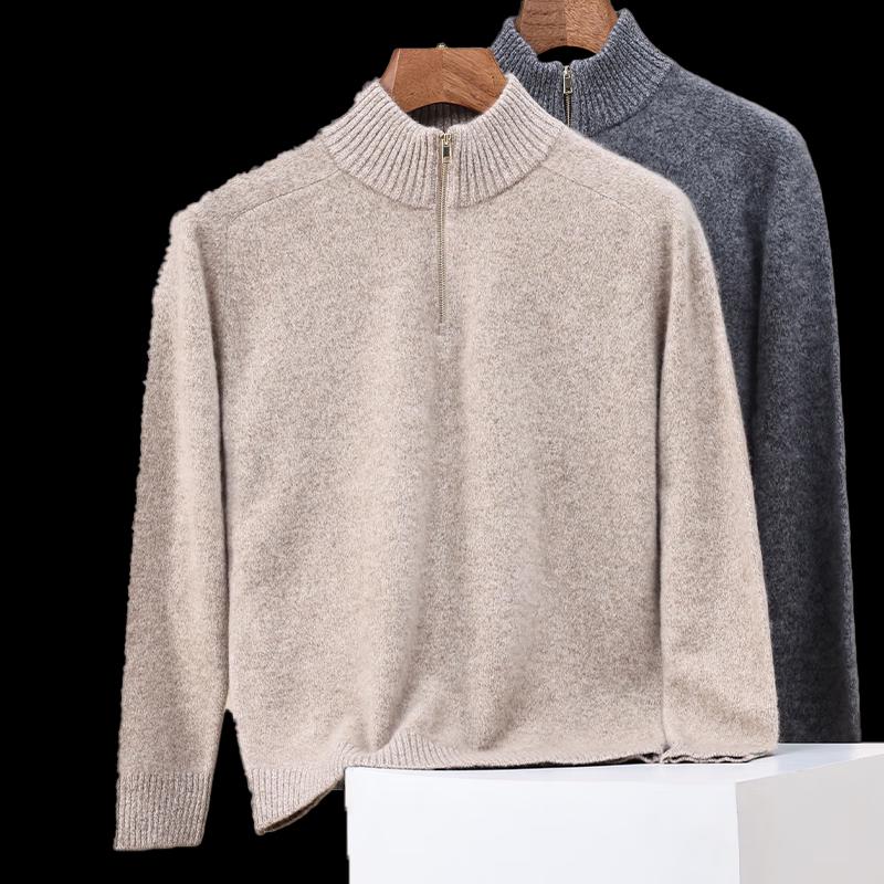 Hengyuanxiang Herren 100% Wolle Pullover mit halbem Reißverschluss