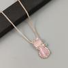 Korean Style Rose Gold-Plated Cat Pendant Necklace with Natural Pink Fluorite Crystal, Clavicle Chain Jewelry for Women