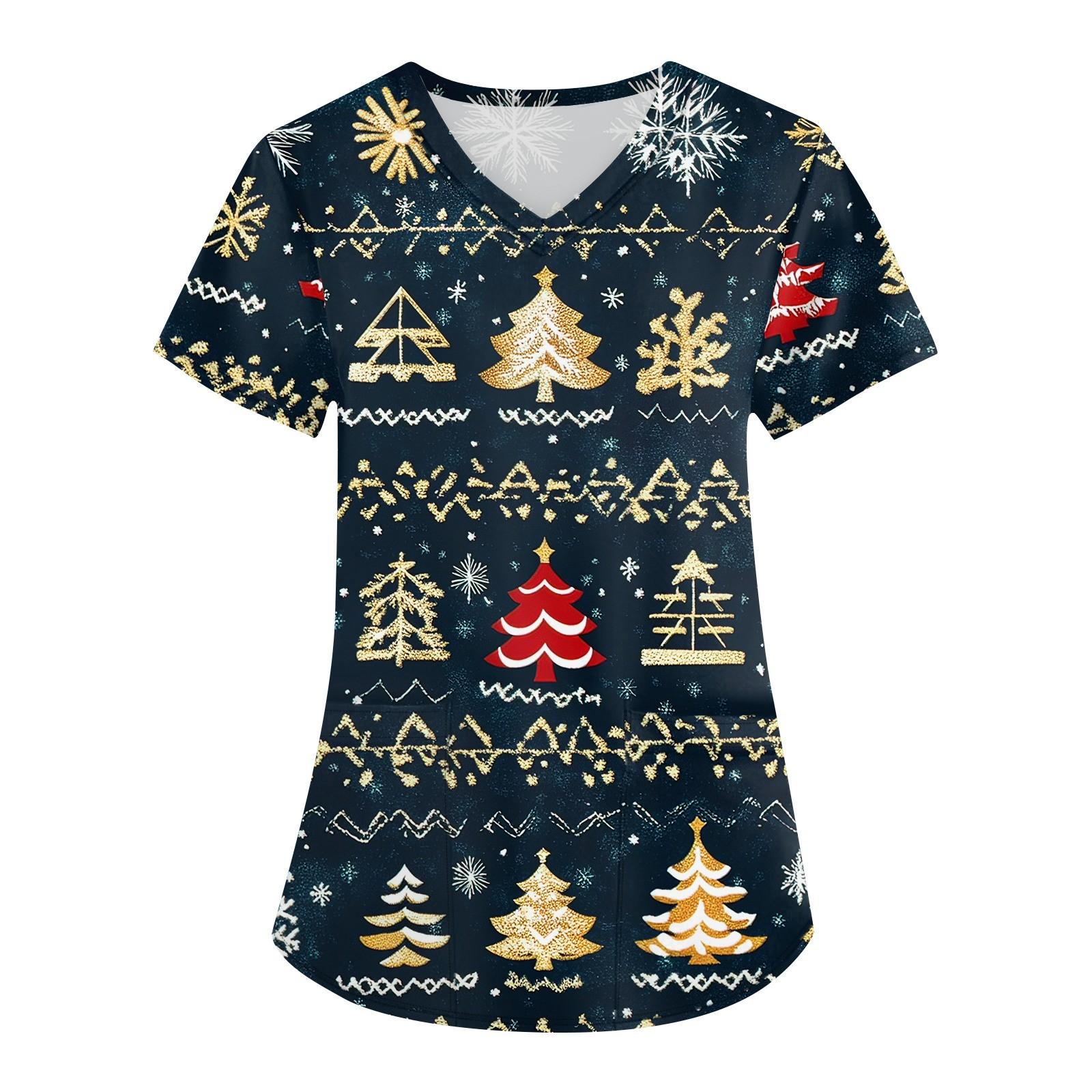 

Женская мода с v-образным вырезом, короткими рукавами и карманами, топы с рождественским принтом M тёмно-синий