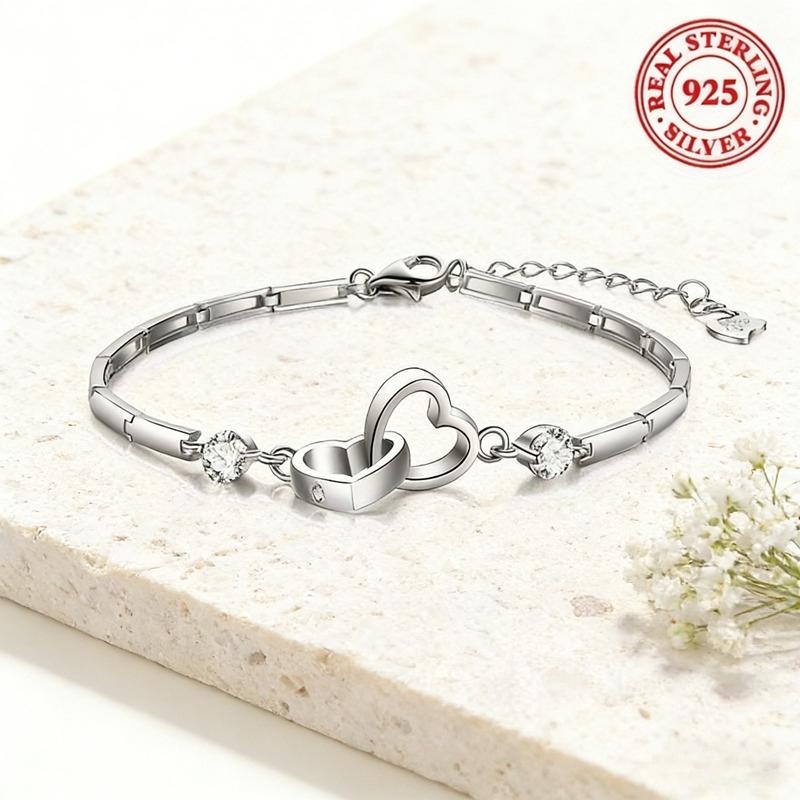 925Sterling Silver Double Heart Bracelet Set with Artificial Gemstones, Elegant and Fashionable Women's Jewelry, Valentine's Day and Mother's Day