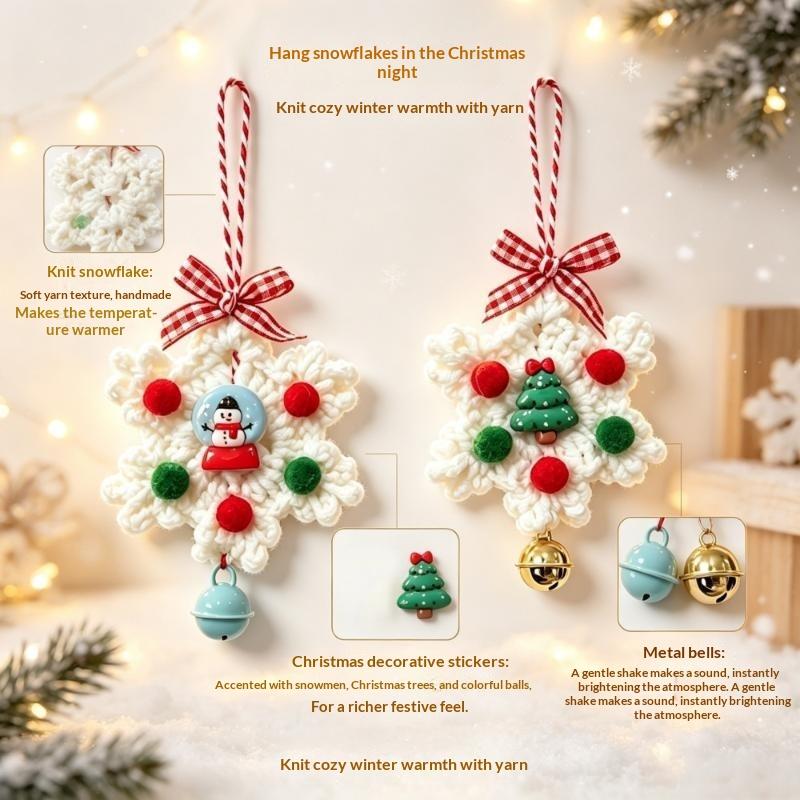5Pcs Hand Knitted Christmas Snowflake Ornament Wool Yarn Snowflake Pendant Xmas Tree Window Bell Hanging Decor Diy Accesorios