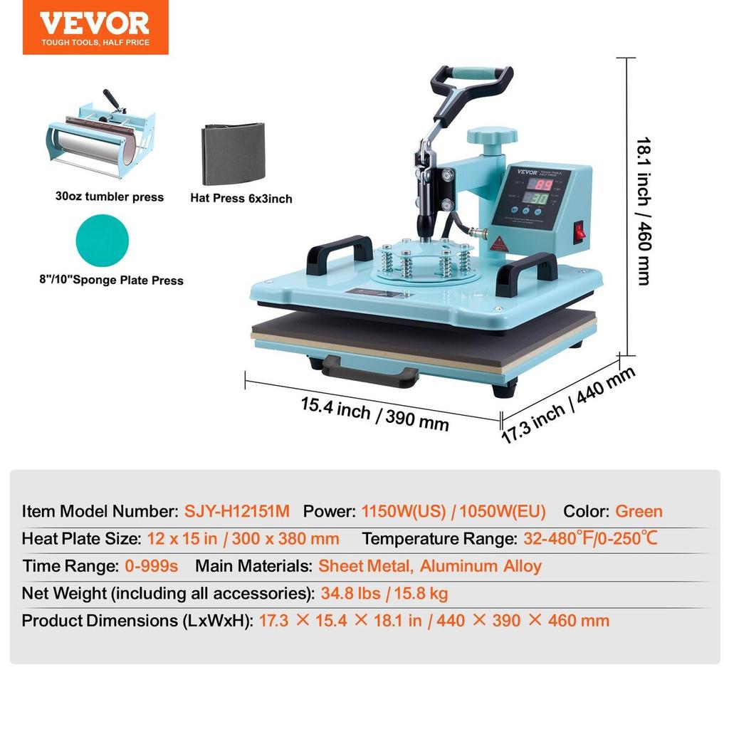 Heat Press Machine 12x15 In 5 In 1 with 30oz Tumbler Press T-Shirts Green