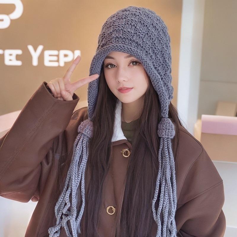 Winter Hat Women's New Niche Versatile Fringed Hand-knitted Pullover Wool Hat Ear Hat