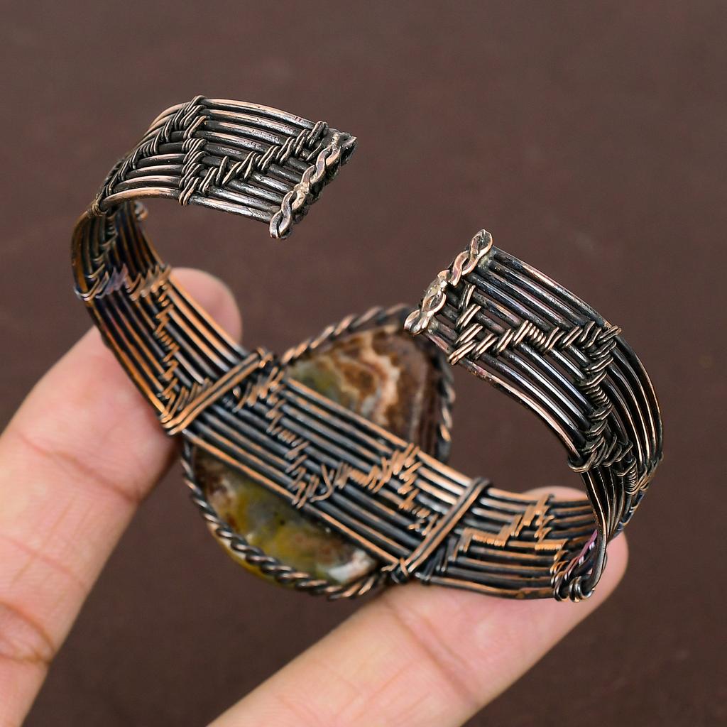 Natural Chrysoprase Gemstone Handmade Copper Wire Wrap Bangle Adjustable L5n72