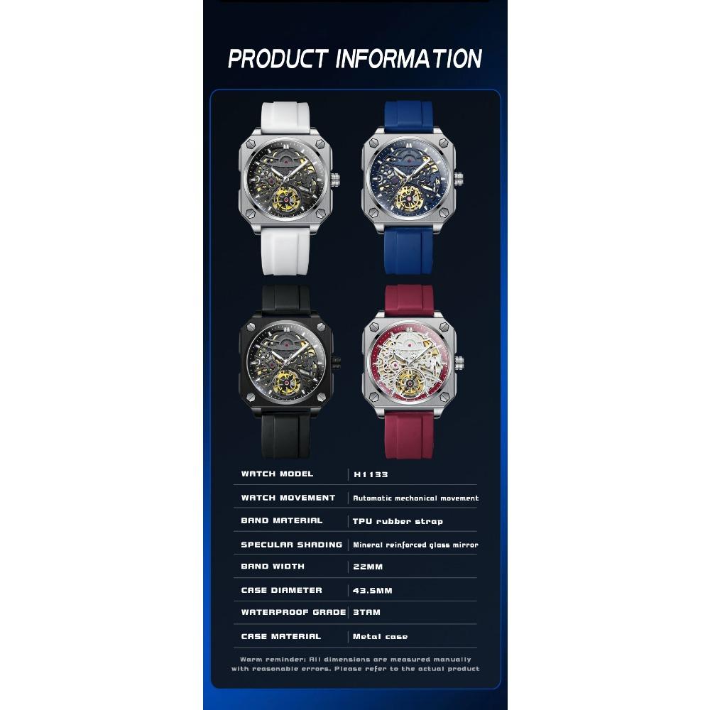 High-End Herrenuhr Skelett Mechanische Uhr Luxus Quadratisch Edelstahlarmband Automatisch Selbstaufziehend Wasserdicht Lumin