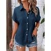 Women's Cotton Shirt Short Sleeve Button Front Turn Down Collar Loose Fit Blouse