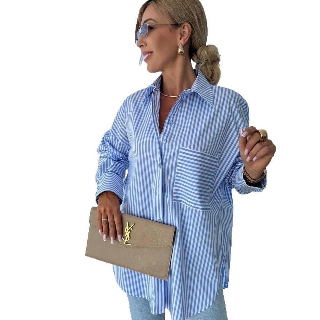 Chemise Décontractée à Manches Longues et Poches Rayées pour Femmes Printemps 2025