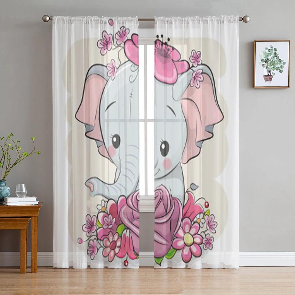 Kleine rosa Elefanten-Tüll-Vorhänge für Küche, Fenster, Wohnzimmer, moderner Voile-Vorhang, Schlafzimmer-Vorhänge