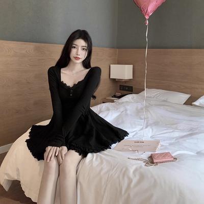Black Dress Women's Autumn and Winter New Muse Fan Long-sleeved Spice Girl Sexy Waist Temperament Short Princess Dress