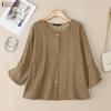 ZANZEA Women Casual Round Neck Loose 3/4 Sleeve Plain Blouse