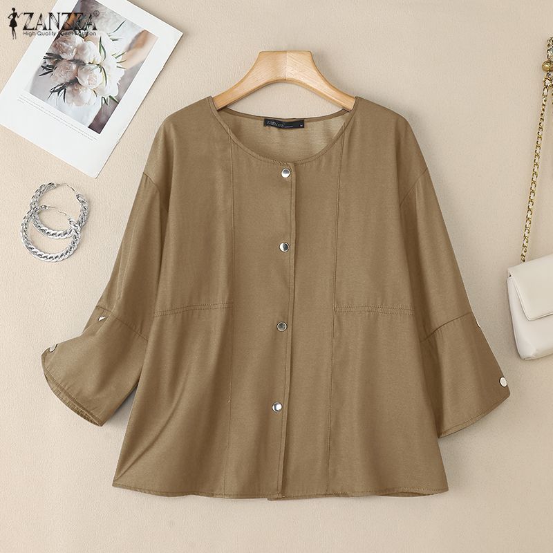 ZANZEA Women Casual Round Neck Loose 3/4 Sleeve Plain Blouse