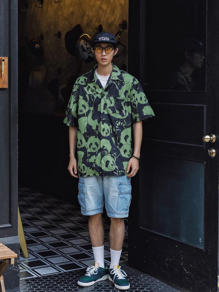 [CHANGE WELL] Men's 2023SS Fashion Summer Clothing [Panda Print] Open Collar All-Over Print Casual Loose Short Sleeve Aloha Shirt (Green, L)