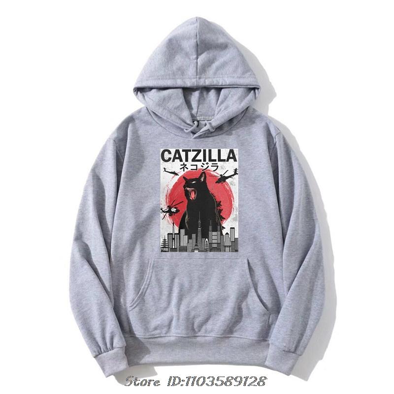 Vintage Catzilla Japanese Sunset Cat Lover Hoodie Novelty Cotton Hoody Hip Hop Pullover Sweatshirt Oversized Graphic Tops