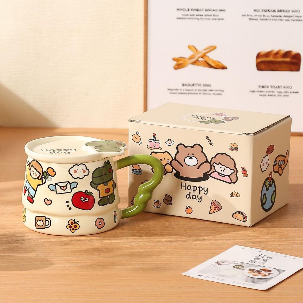 Cartoon Doodle Mug High-looking Animal Mug with Lid for Girls Birthday Gift Couple Water Cup for Girlfriend