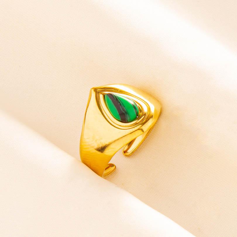 Green Striped Stone Vintage Gold Color Stainless Steel Open Adjustable Rings For Women Men Accessories Finger Jewelry Sun Flower