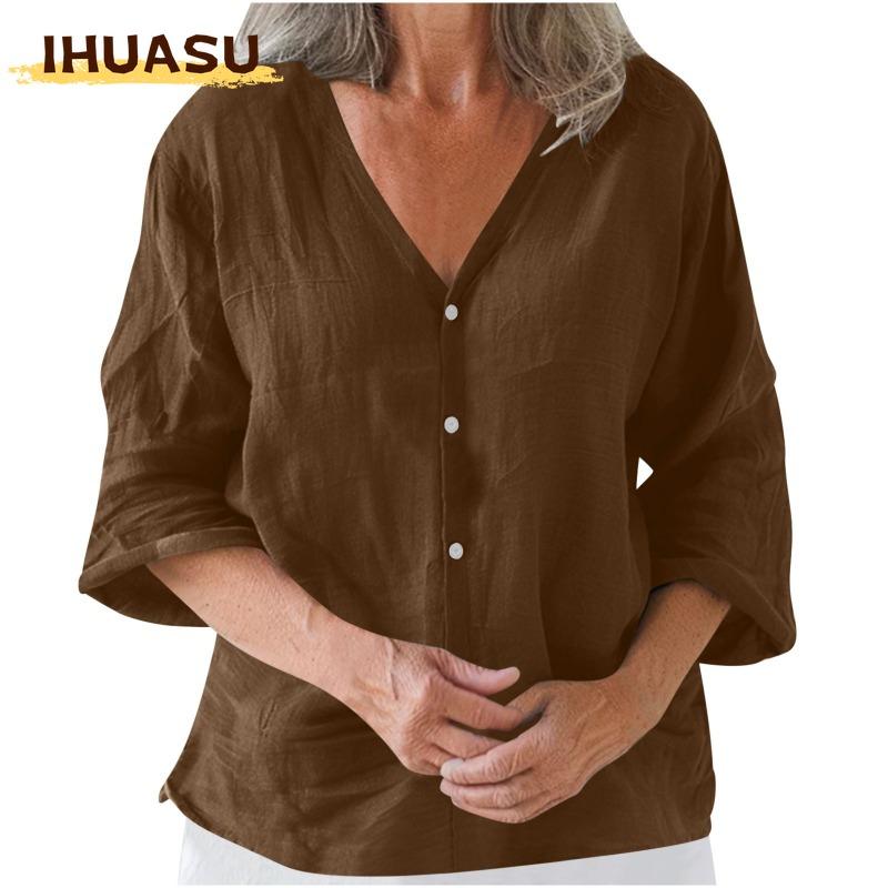 IHUASU Damen Mode Lässig Einfarbiger Druck 3/4 Ärmel V-Ausschnitt Blusen & Hemden