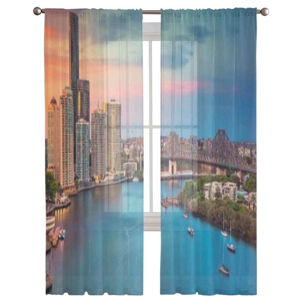 Sunset Sky At Brisbane Australia With Reflection Dramatic Chiffon Sheer Curtains Living Room Bedroom Window Voiles Tulle Curtain
