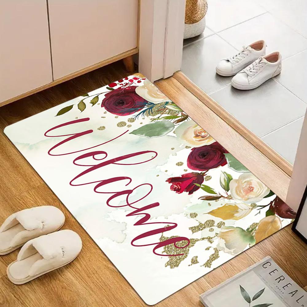 Watercolor Floral Butterfly Carpet Mat Rug "Welcome" Door Mat Non-Slip Floor Decor for Home Entrance Living Room Home Decoration