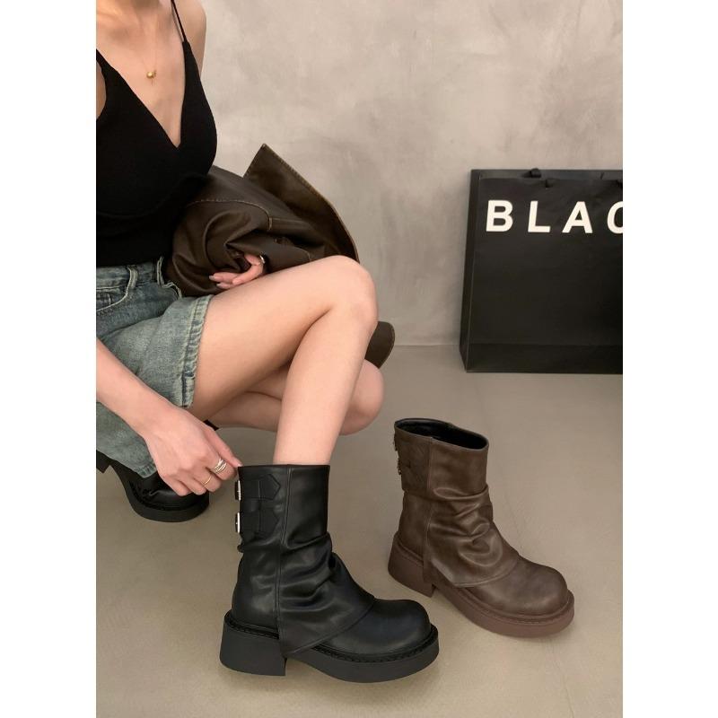 Women Mid-calf Pleated Platform Boots New  Chunky Mid Heels Motorcycle Boots Fad New Trend Gladiatus Walking Chaussures Lady