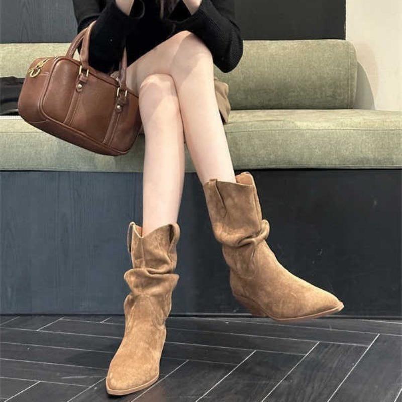 Autumn and winter new suede pointed thick heel medium heel short boots medium boots high heel pile boots western cowboy boots