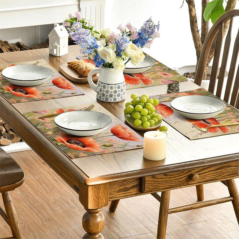 4/6pcs Rectangular Placemats - 12X18 Inch Countryside Poppy Heat-Resistant Placemats with 2D Element Design, Durable And Washable Polyester Tableware