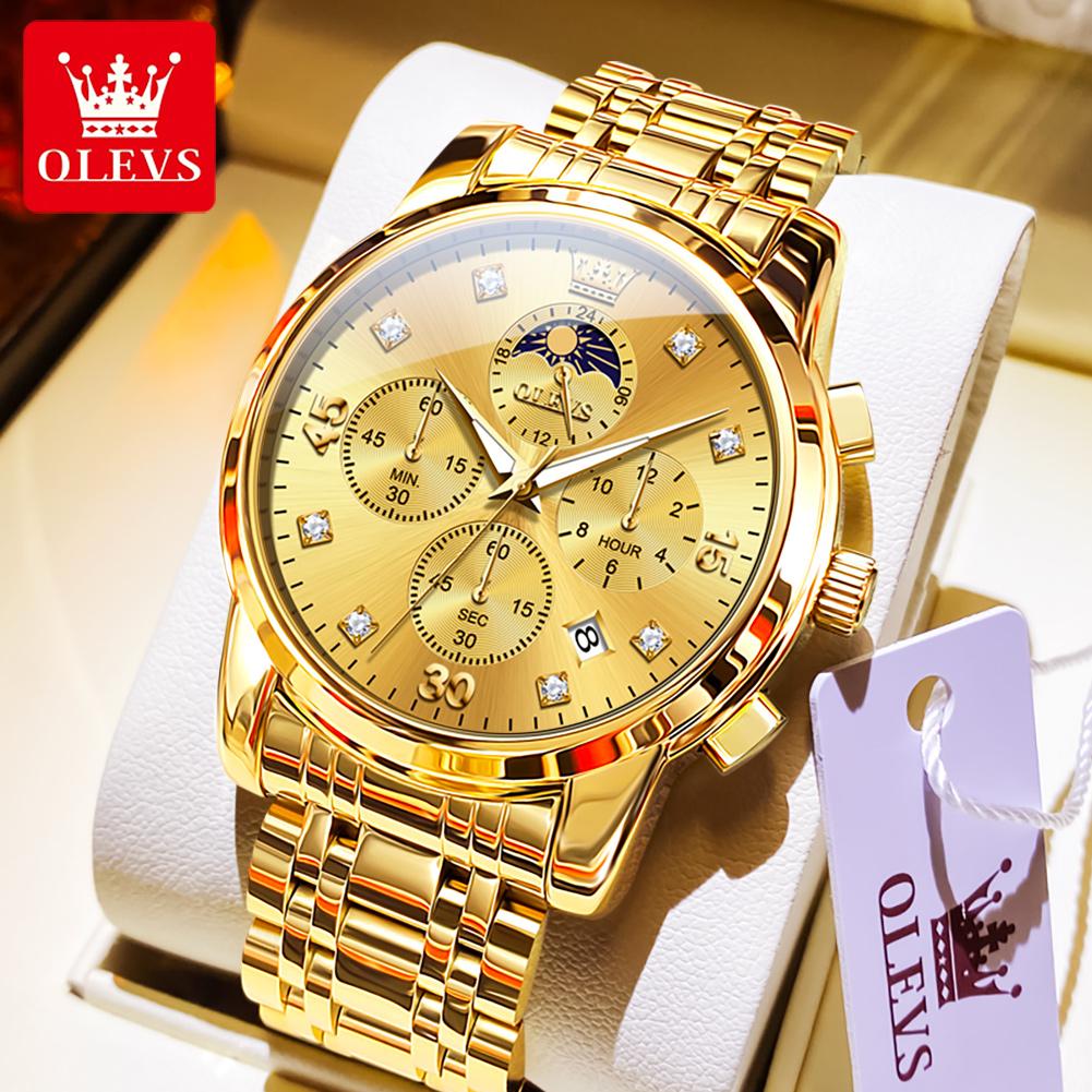 OLEVS 3652 Quartz Watches for Man Steel Strap Multi-functional Waterproof Luminous Chronograph Moon Phase Men's Wrist Watches