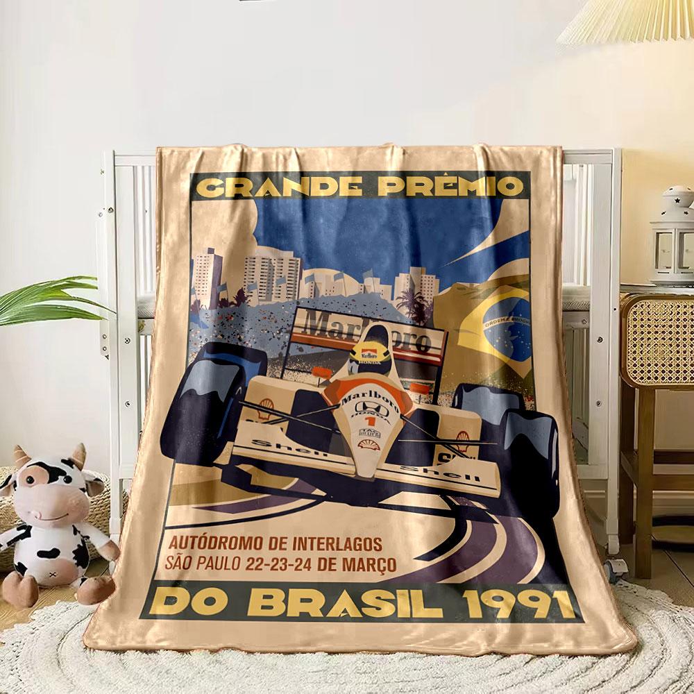 Vintage Brazil Grand Prix 1991 F1 Poster Multicolor Cozy Blanket, Silky Soft Blanket for Restful Sleep, Durable Warm Throw for Outdoor Fun