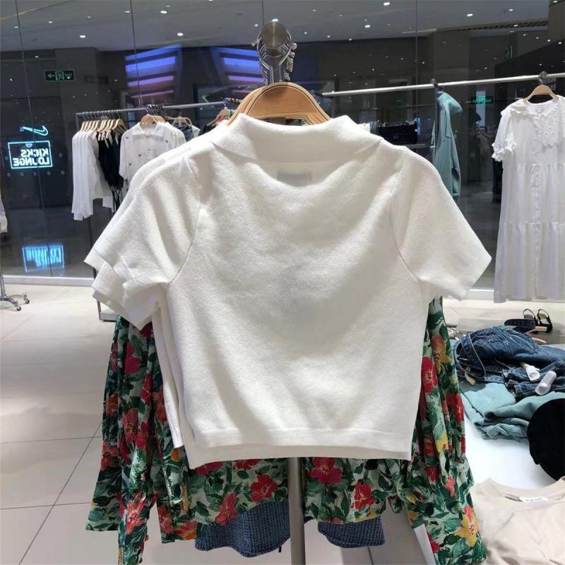 Ice Silk Knit Short-sleeved Polo Shirt Women's Summer T-shirt Positive Shoulder Senior Chic Top Tide